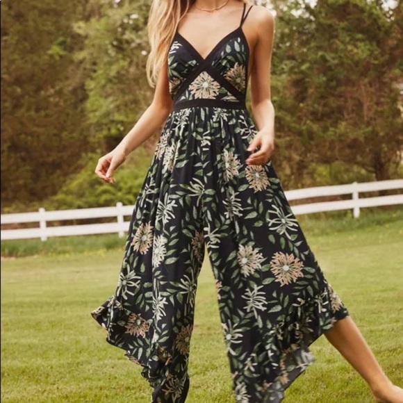 Urban Outfitters Pants - Urban Outfitters Floral Jumpsuit Wide Leg Palazzo Pants Black Green Size S